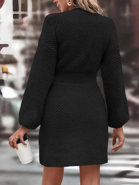 Kadın Uzun Kollu Bisiklet Yaka Balon Kol Bel Lastik Detay Triko Mini Boy Elbise - Resim 3