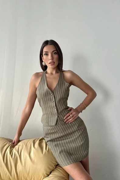 Haki Çizgili Yelek Ve Etek Takım - Resim 4