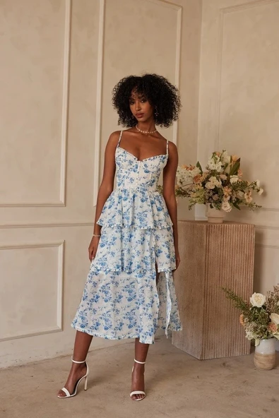 Kadın Sıfır Kol Askılı Dekolteli Yırtmaç Detay çiçek Baskılı Süprem Midi Elbise - Resim 5