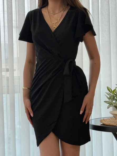 Kadın Kısa Kollu Kruvaze Yakalı Belden Bağlamalı Ithal Krep Elbise - Resim 2