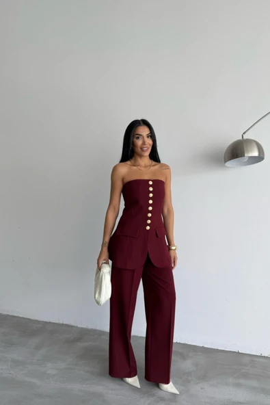 TASARIM GOLD DÜĞMELİ STRAPLEZYELEK - Bordo - Resim 4