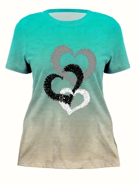 Kadın Kısa Kollu Bisiklet Yaka Kalp Baskılı Süprem Bluz - Resim 3