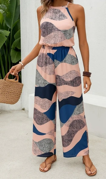 Kadın Omuzlardan Açık Boyundan Geçmeli Beli Lastikli Desenli Dalgıç Tulum - Resim 3