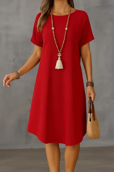 Kadın Kısa Kollu Kayık Yaka Bürümcük Elbise - Resim 3