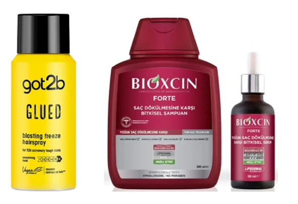 Got2B Glued Saç Spreyi 100ML+Bioxci Forte Yoğun Dökülme Karşıtı Şampuan 300ml+Forte Saç Serumu 50ml