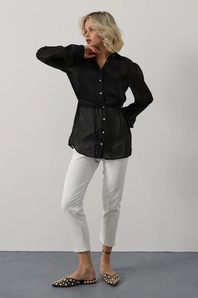 Belden Bağlamalı Uzun Kol Gömlek - Siyah ürün görseli 1