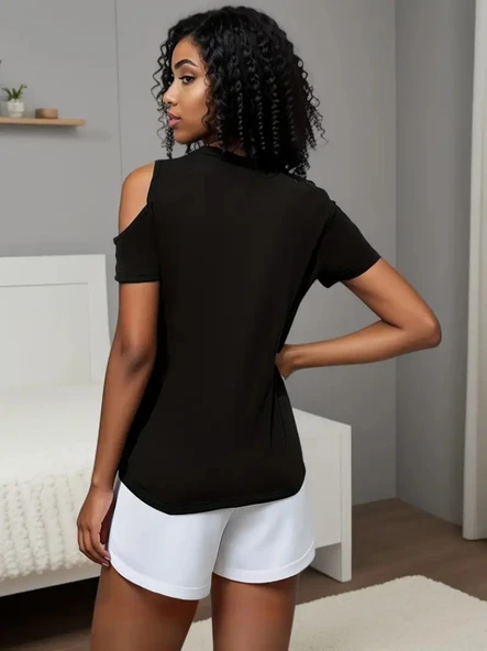 Kadın Kısa Kollu Tek Omuzu Açık Damla Detaylı Viskon Bluz - Resim 4