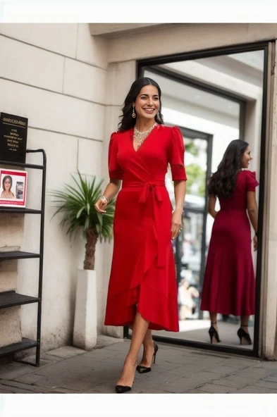 Kadın Kruvaze Yaka Midi Boy Kuşaklı Krep Elbise 120 Cm - Resim 2