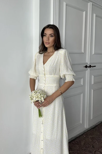 Sarı Arka Ve Bel Ucu Gipeli Elbise - Resim 4