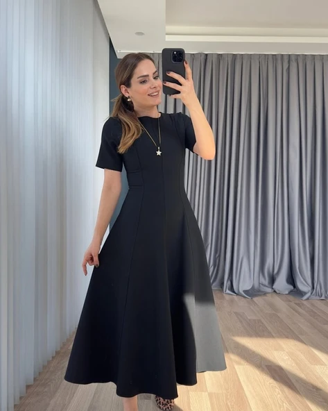 Kadın Kısa Kollu Bisiklet Yaka Maksi Boy Ithal Krep Elbise - Resim 2