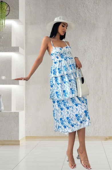 Kadın Sıfır Kol Askılı Dekolteli Yırtmaç Detay çiçek Baskılı Süprem Midi Elbise ürün görseli 1