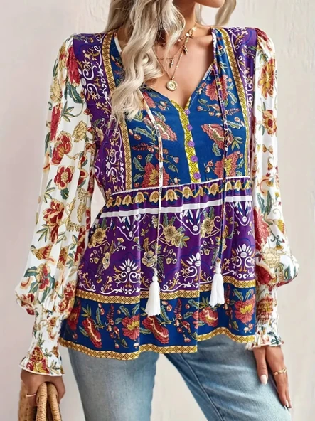Kadın Uzun Kollu Yakası Açık Bağcıklı çiçek Desenli Salaş Bluz - Resim 3