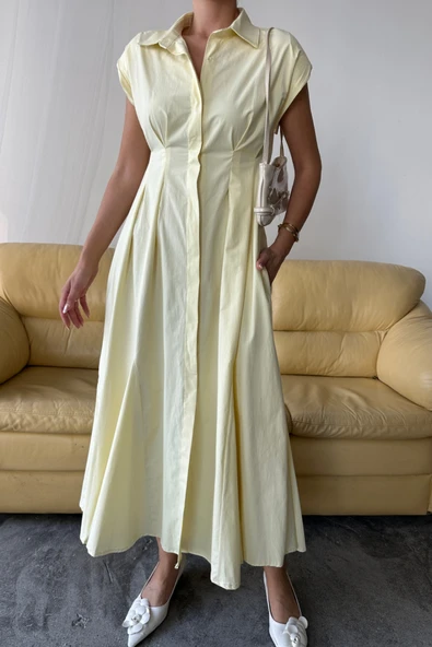 KOLSUZ VATKALI ÖNDEN DÜĞMELİBEL PENS DETAYLI POPLİN ELBİSE - Sarı - Resim 2