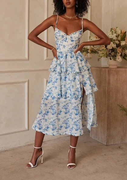 Kadın Sıfır Kol Askılı Dekolteli Yırtmaç Detay çiçek Baskılı Süprem Midi Elbise - Resim 6