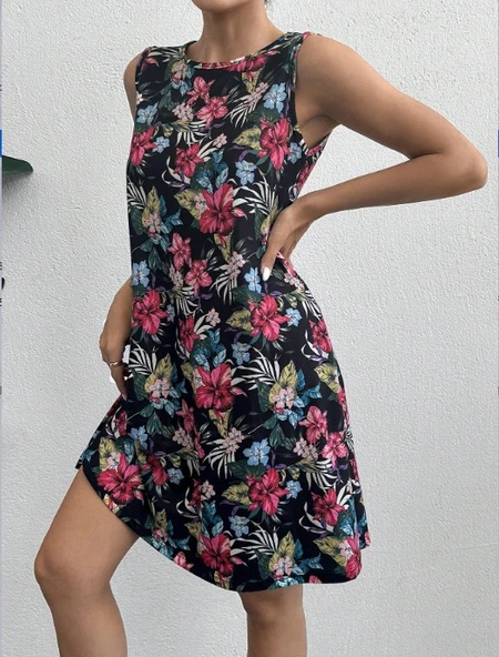 Kadın Renkli çiçek Baskılı Süprem Elbise ürün görseli 1