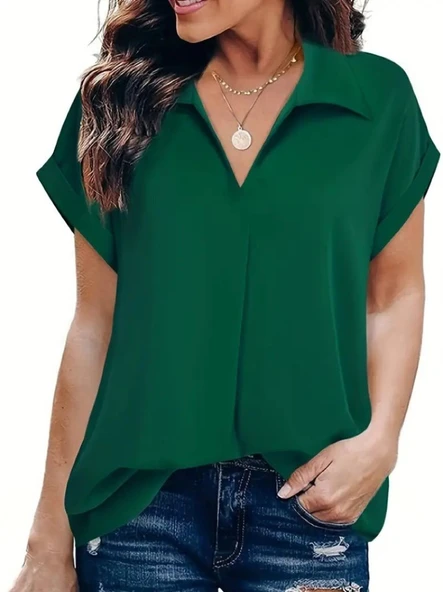 Kadın Kısa Kollu Yakalı Uzun Sandy Bluz - Resim 5