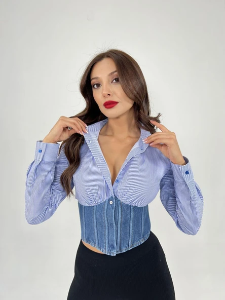 6963 GÖMLEK-MAVİ BEYAZ ÇİZGİLİ - Resim 2