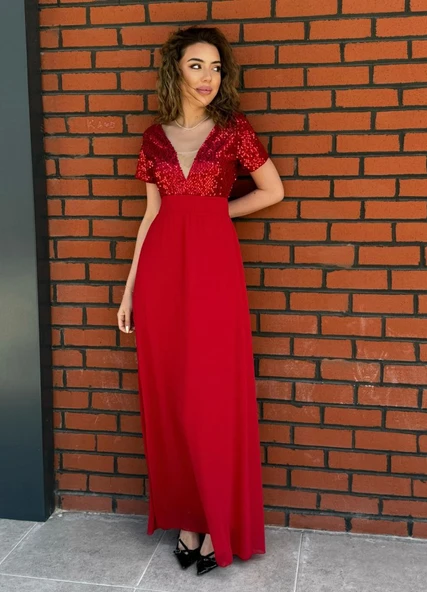 Kadın Kısa Kollu Derin V Yakalı A Kesim Pulpayet Detaylı şifon Nedime Elbisesi - Resim 3