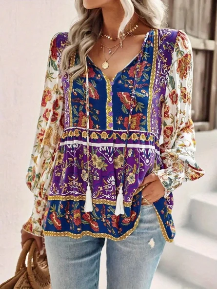 Kadın Uzun Kollu Yakası Açık Bağcıklı çiçek Desenli Salaş Bluz ürün görseli 1