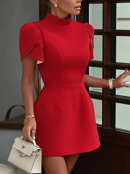 Kadın Kısa Kollu Balıkçı Yaka Arkadan Kelebek Dekolte Detaylı Kısa Atlas Elbise - Resim 7