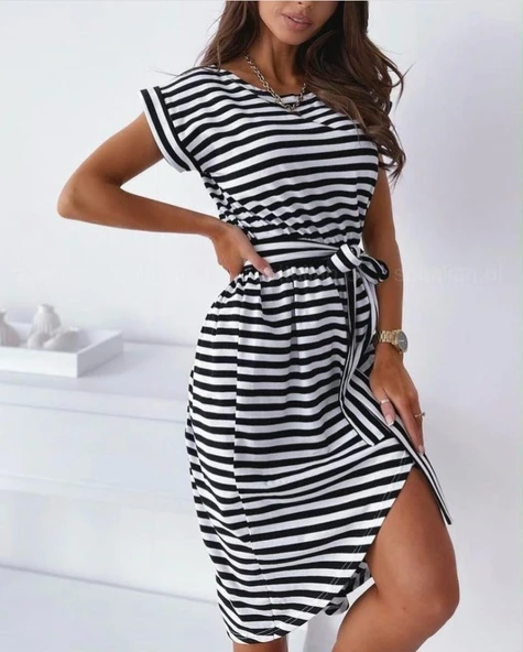 Kadın Kuşaklı Turlu Viskon Kumaş Elbise ürün görseli 1