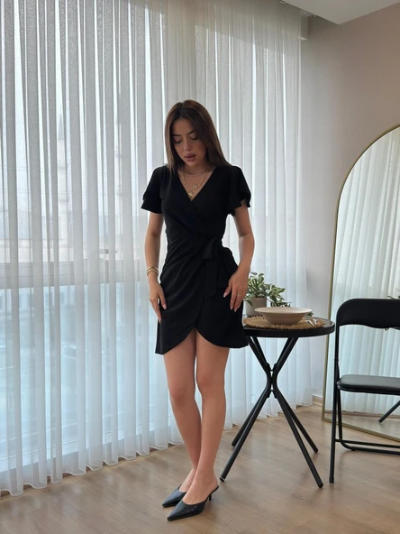 Kadın Kısa Kollu Kruvaze Yakalı Belden Bağlamalı Ithal Krep Elbise - Resim 3