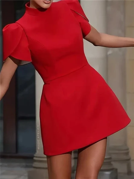 Kadın Kısa Kollu Balıkçı Yaka Arkadan Kelebek Dekolte Detaylı Kısa Atlas Elbise - Resim 2