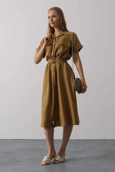 Kuşaklı Cep Detaylı Yarım Kol Elbise - Yağ Yeşili - Resim 4