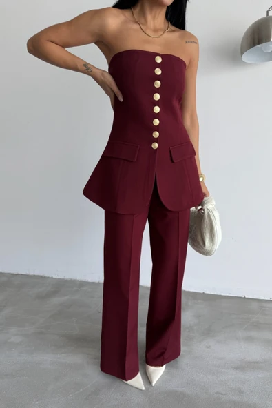 TASARIM GOLD DÜĞMELİ STRAPLEZYELEK - Bordo - Resim 2