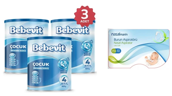 Bebevit 4 Bebek Devam Sütü 400 gr 3 ADET + Nasalmarin Baby Ultra Soft Nazal Aspiratör