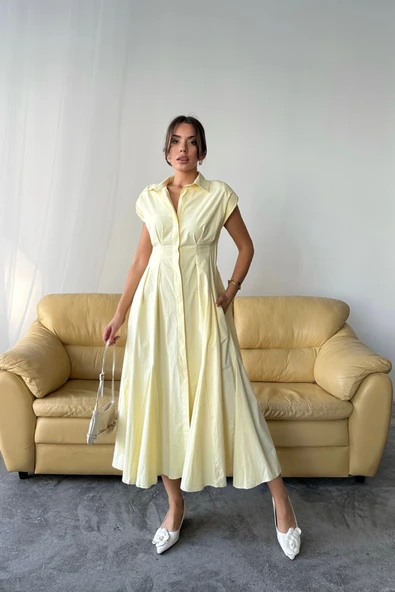 KOLSUZ VATKALI ÖNDEN DÜĞMELİBEL PENS DETAYLI POPLİN ELBİSE - Sarı - Resim 3