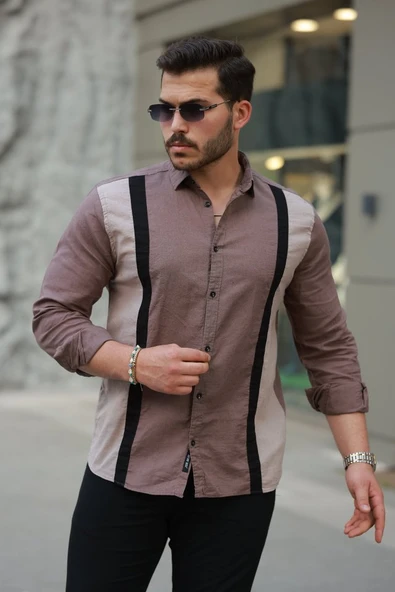 Erkek şerit Detaylı Uzun Kollu Pamuklu Keten Gömlek - Resim 2