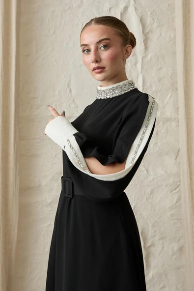 Siyah Yaka Ve Kolları Taşlı Elbise - Resim 4