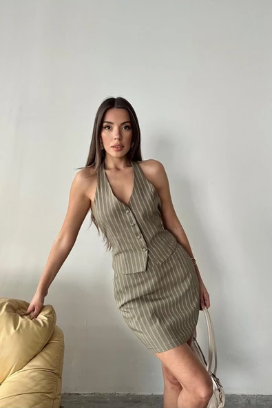 Haki Çizgili Yelek Ve Etek Takım - Resim 3