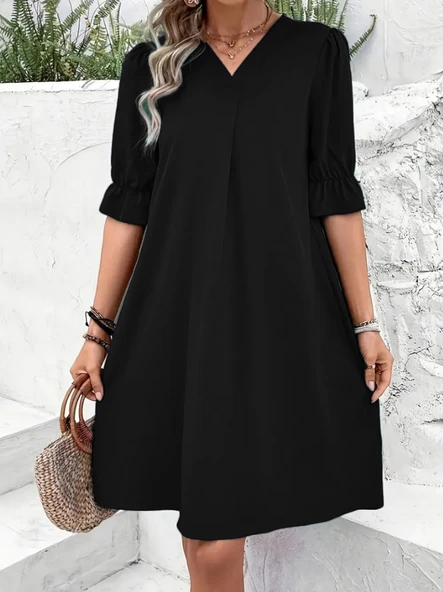 Kadın Kısa Kollu V Yakalı Salaş Janjan Krep Elbise - Resim 4