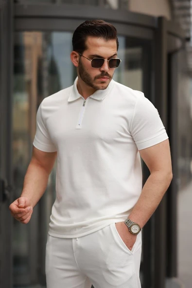 Erkek Yakalı Fermuarlı T-shirt Pantolon Ikili Rahat Takım - Resim 3