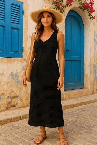 Kadın V Yaka Tam Askılı Tam Boy Ajurlu Triko Elbise ürün görseli 1