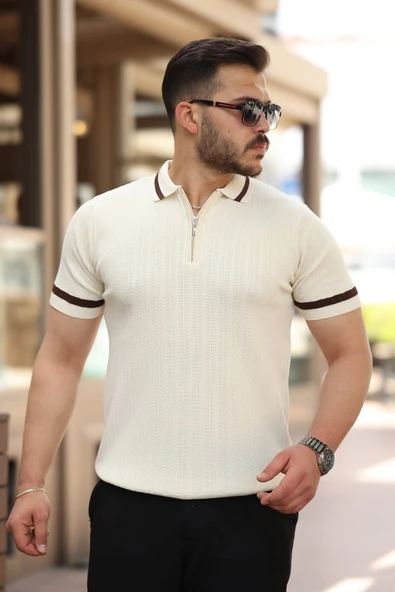 Erkek Yaka Ve Kolları çizgi Detaylı Fermuarlı Kısa Kollu T-shirt ürün görseli 1