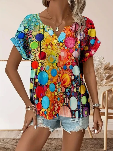 Kadın Kısa Kollu V Yakalı Desenli Süprem Bluz - Resim 2