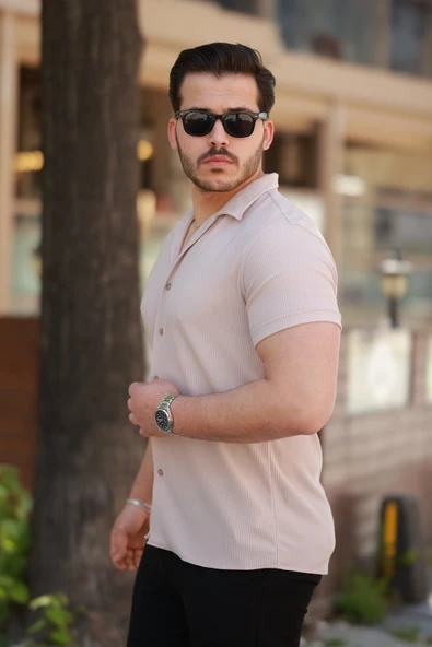 Erkek Ottoman Kumaş Apaj Yaka Kısa Kollu Gömlek - Resim 2
