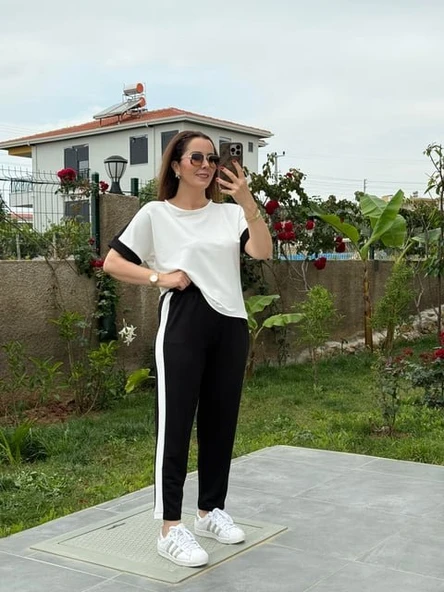 Kadın Modal Dokulu Kumaş Yanı şeritli Takım - Resim 2