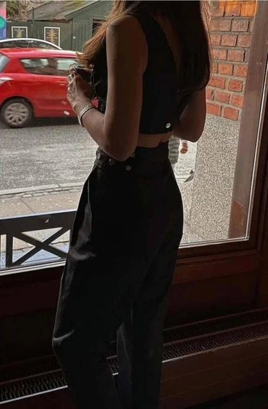 Kadın Double Krep Kumaş Düğme Aksesuar Detaylı Takım - Resim 4