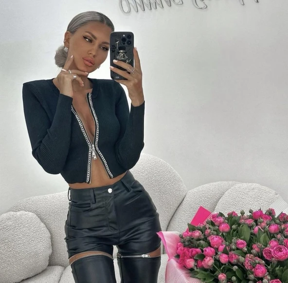 Kadın Kaşkorse Kumaş Zincirli Çift Fermuarlı Fırsat Ürün Bluz ürün görseli 1