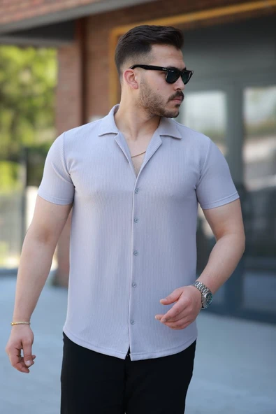 Erkek Ottoman Kumaş Apaj Yaka Kısa Kollu Gömlek ürün görseli 1