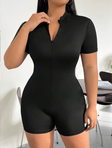Kadın Kısa Kollu önü Fermuarlı Bodycon Dalgıç Tulum - 6