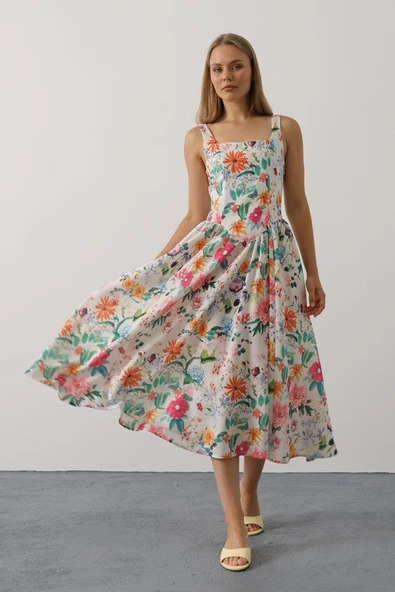 Çiçek Desenli Askılı Elbise - Pembe Çiçek - Resim 2