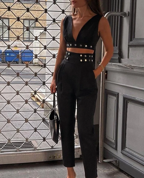 Kadın Double Krep Kumaş Düğme Aksesuar Detaylı Takım - Resim 5