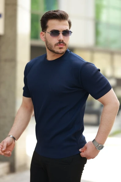 Erkek Bisiklet Yaka Jakarlı Kısa Kollu Tshirt - Resim 2