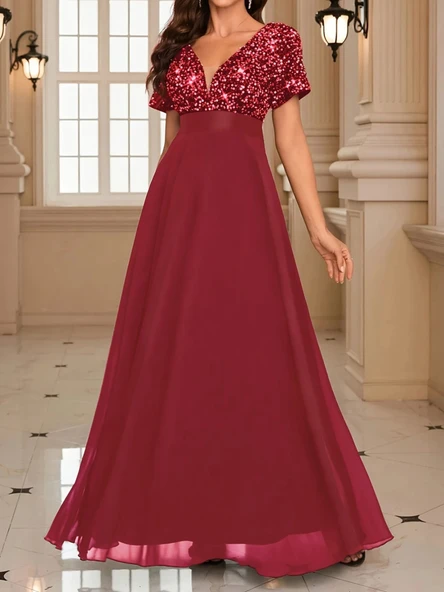 Kadın Kısa Kollu Derin V Yakalı A Kesim Pulpayet Detaylı şifon Nedime Elbisesi - Resim 4