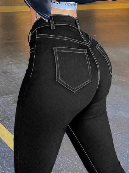 Kadın Yüksek Bel önden Düğmeli Dar Kesim Kot Pantolon - Resim 4